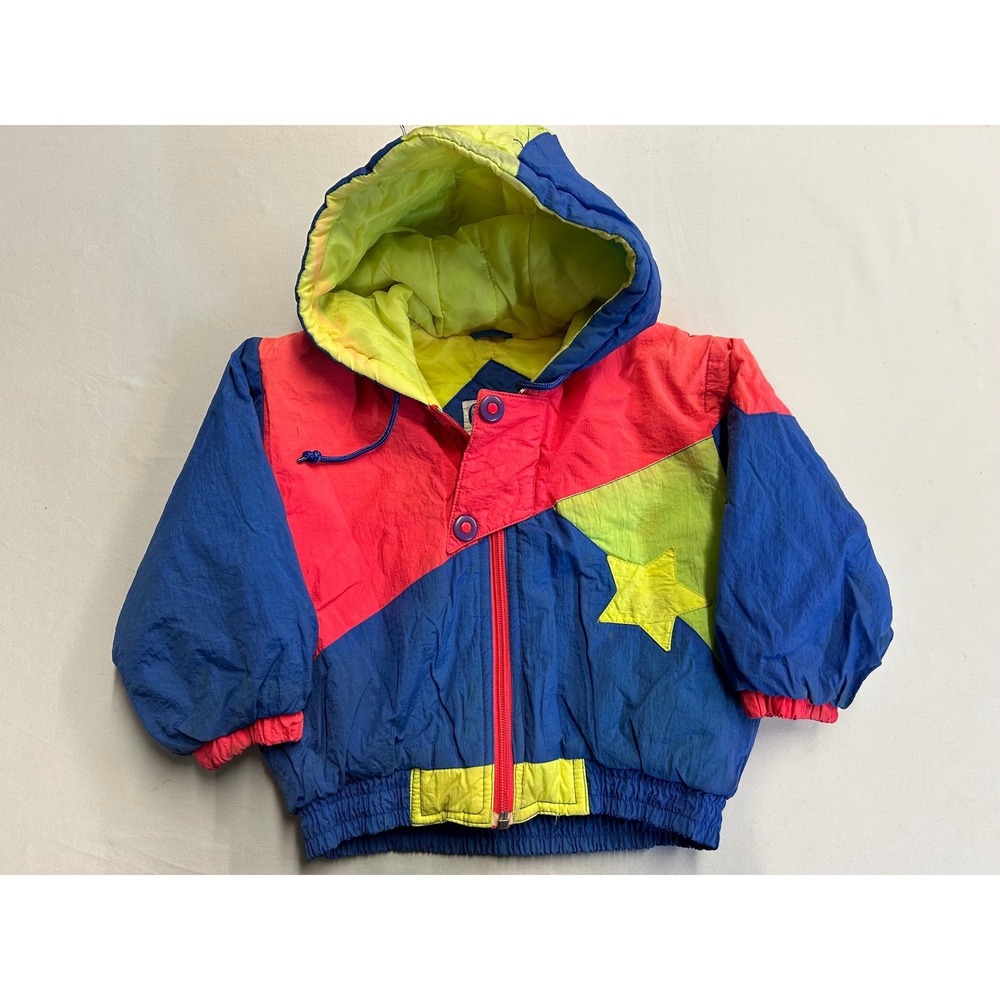 Gerber Vintage 90s Colorblock Star Puffer Jacket Toddler Size 2T Blue Pink Neon